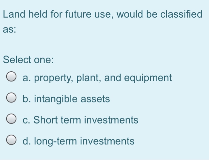 solved-land-held-for-future-use-would-be-classified-as-chegg