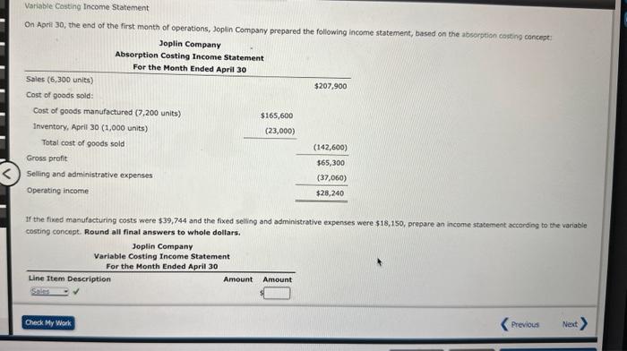 Solved Variable Casting Income Statement On April 30, the | Chegg.com