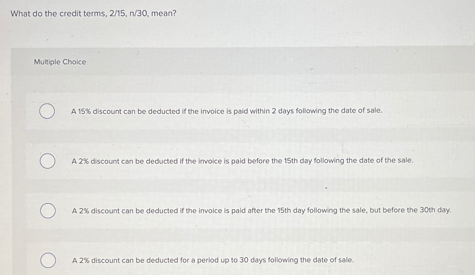 Solved What do the credit terms, 215,n30, ﻿mean?Multiple | Chegg.com