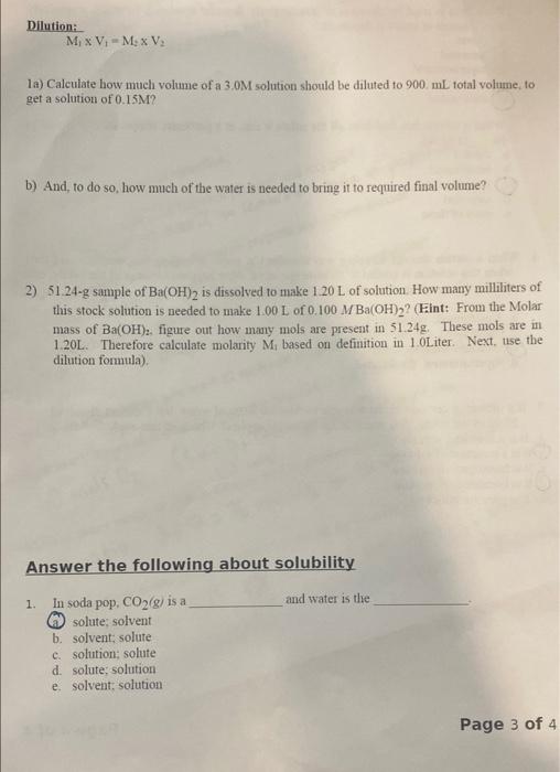 Solved Molarity: moles of solute divided by volume of | Chegg.com