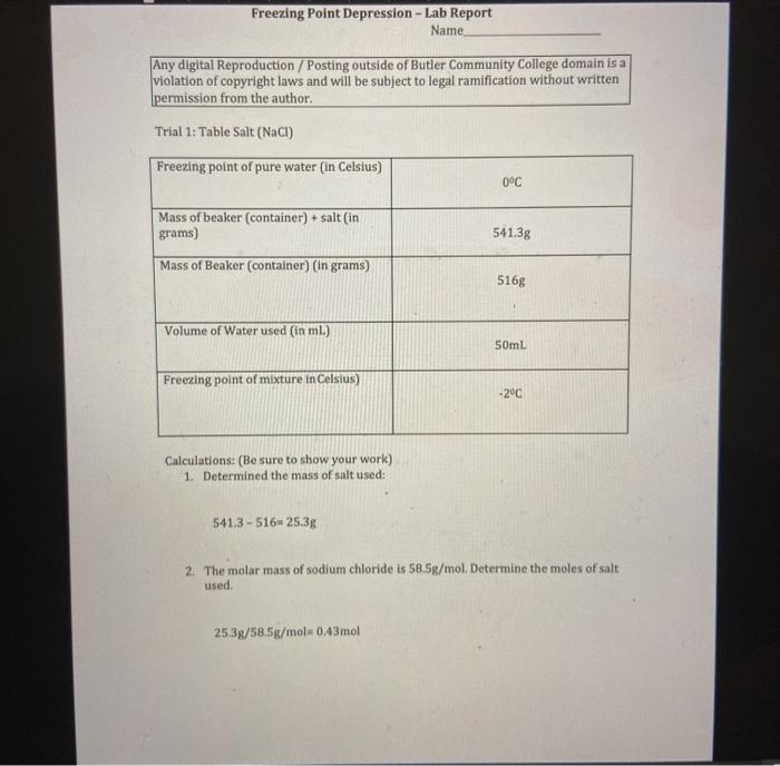 Freezing Point Depression - Lab Report Name Any | Chegg.com