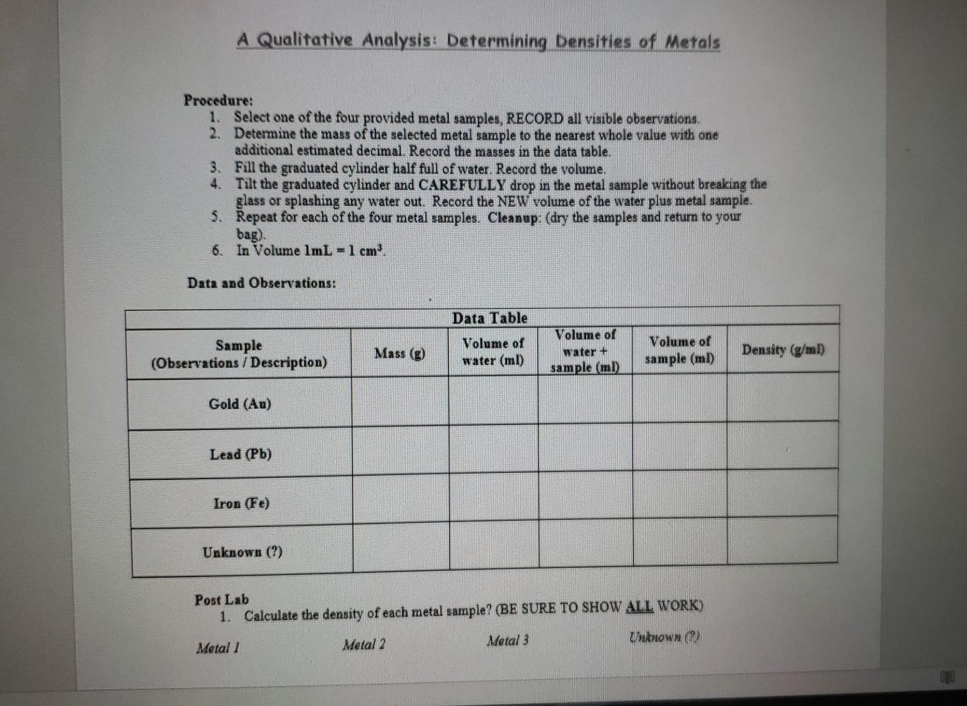 Solved Post Lab 1. Calculate the density of each metal