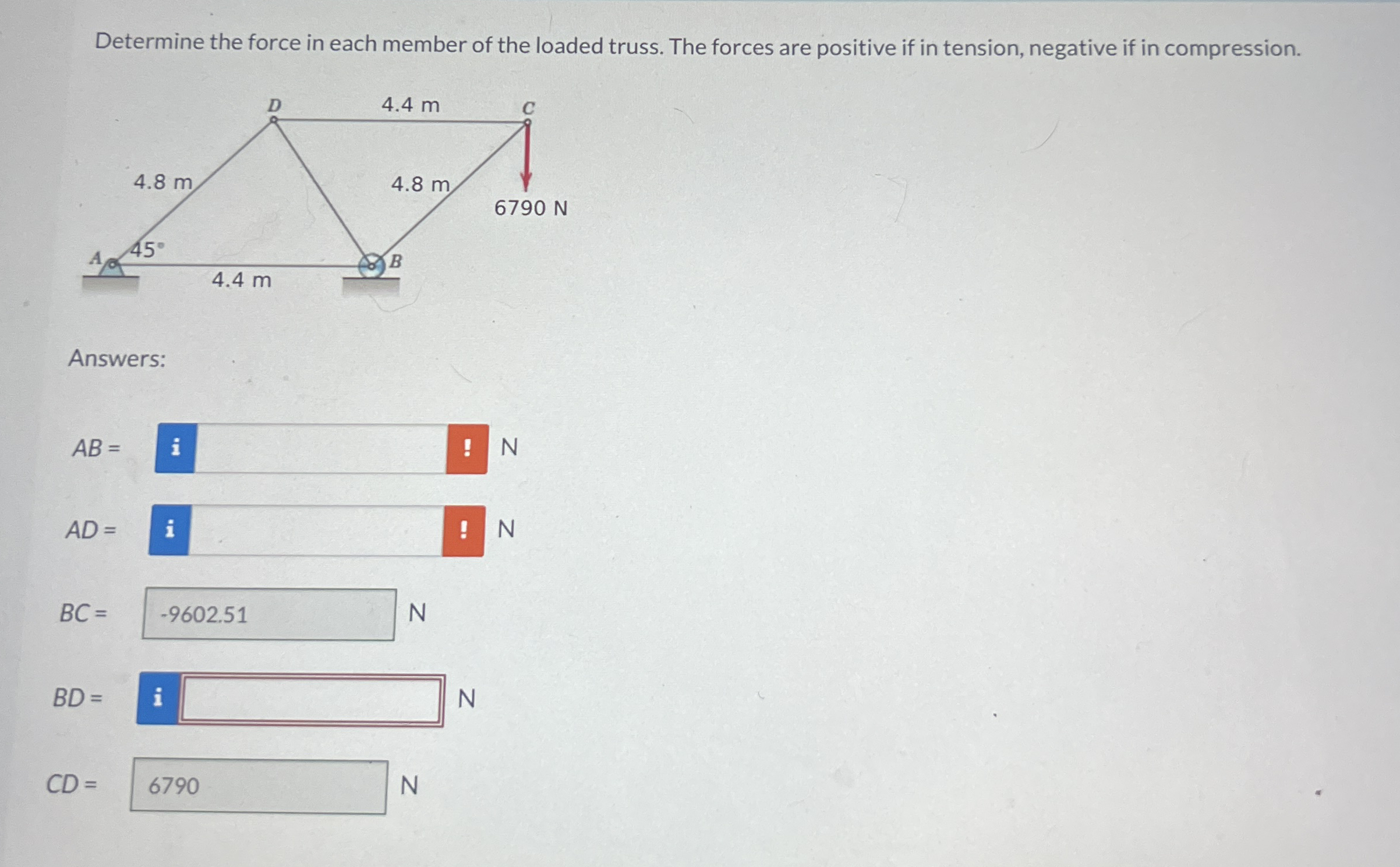 Solved Determine the force in each member of the loaded | Chegg.com