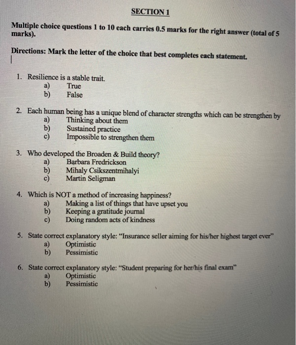Solved SECTION 1 Multiple choice questions 1 to 10 each | Chegg.com
