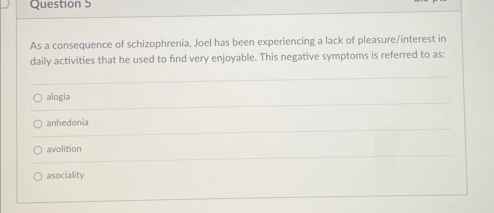 Solved Question 5As a consequence of schizophrenia, Joel has | Chegg.com