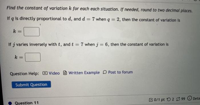 Solved Find the constant of variation k for each each | Chegg.com