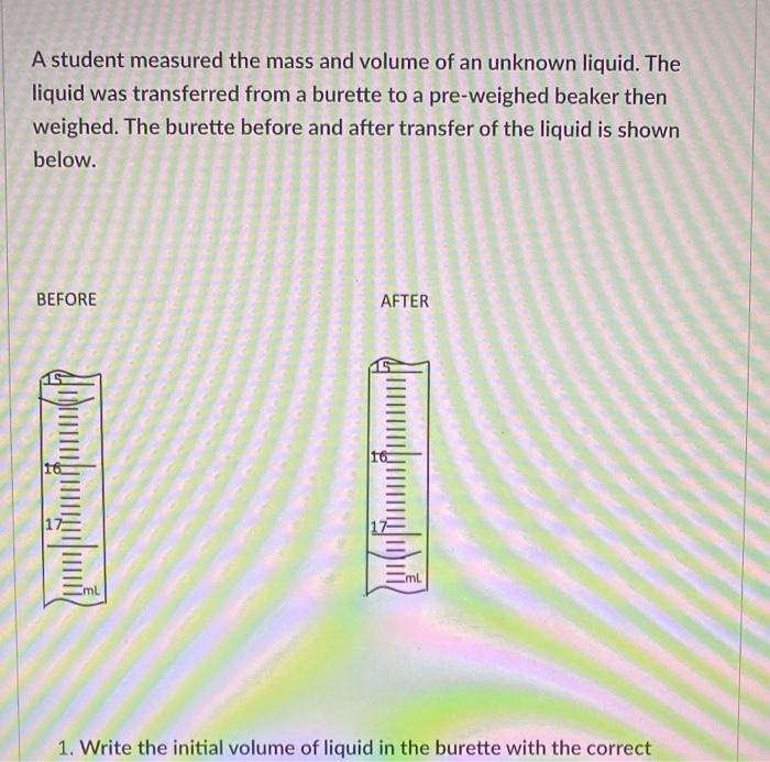 A student measured the mass and volume of an unknown liquid. The
liquid was transferred from a burette to a pre-weighed beake