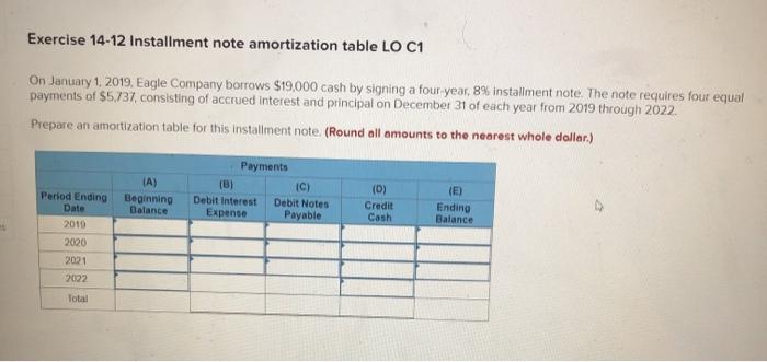 Solved Exercise 14-12 Installment note amortization table LO | Chegg.com