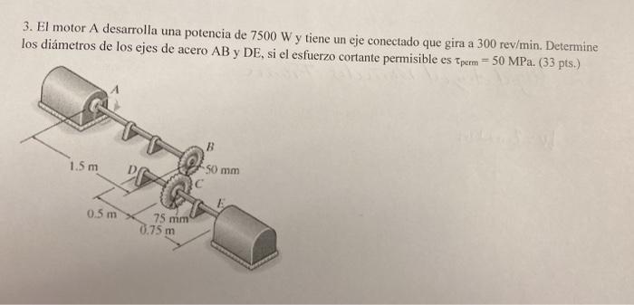 3. El motor A desarrolla una potencia de \( 7500 \mathrm{~W} \) y tiene un eje conectado que gira a 300 rev/min. Determine Io