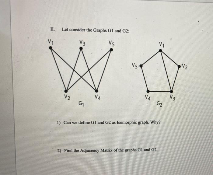 Solved II. Let Consider The Graphs G1 And G2: V1 V3 V5 V1 V5 | Chegg.com