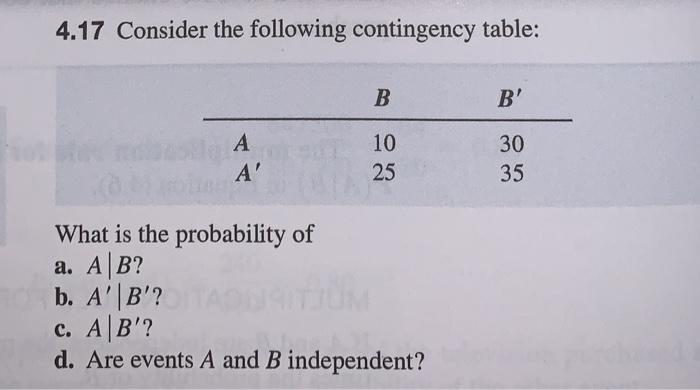 Solved 4.17 Consider The Following Contingency Table: B B' A | Chegg.com