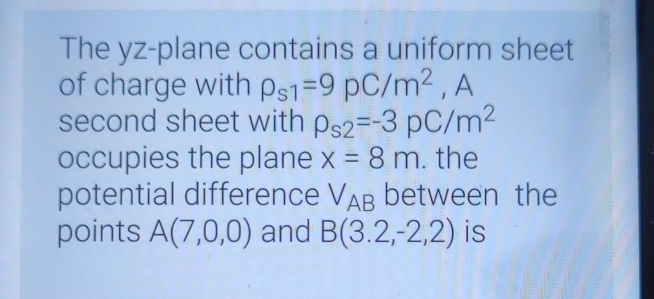 Solved The yz-plane contains a uniform sheet of charge with | Chegg.com