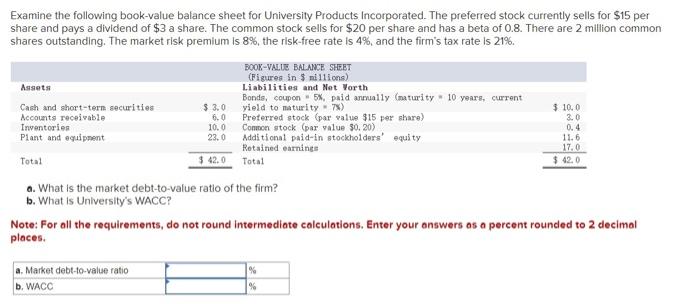 Solved Examine The Following Book-value Balance Sheet For | Chegg.com