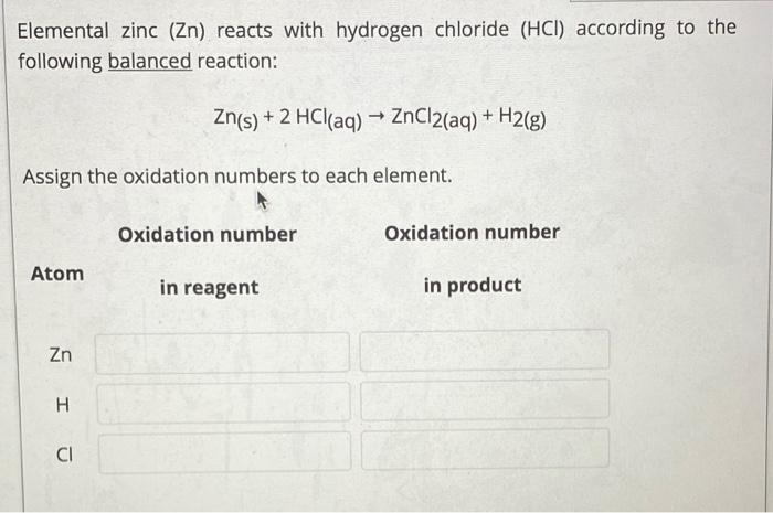 Solved Elemental zinc (Zn) reacts with hydrogen chloride | Chegg.com