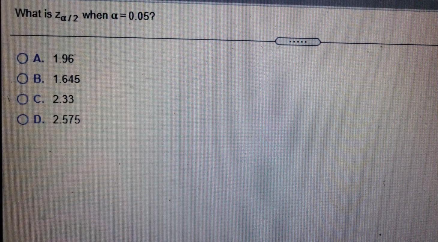 Solved What is Za/2 when a = 0.05? MMM O A. 1.96 O B. 1.645