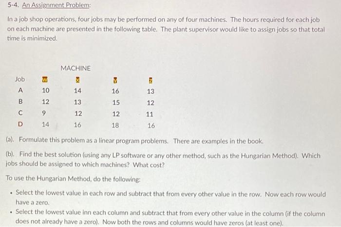 Solved 5-4. An Assignment Problem: In a job shop operations, | Chegg.com