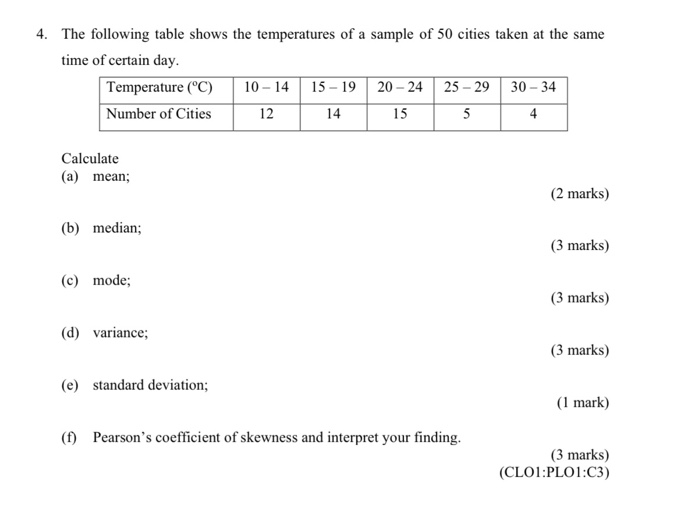 Solved 4. The following table shows the temperatures of a | Chegg.com