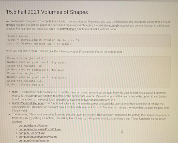 Solved 15.5 Fall 2021 Volumes of Shapes You are to write a | Chegg.com