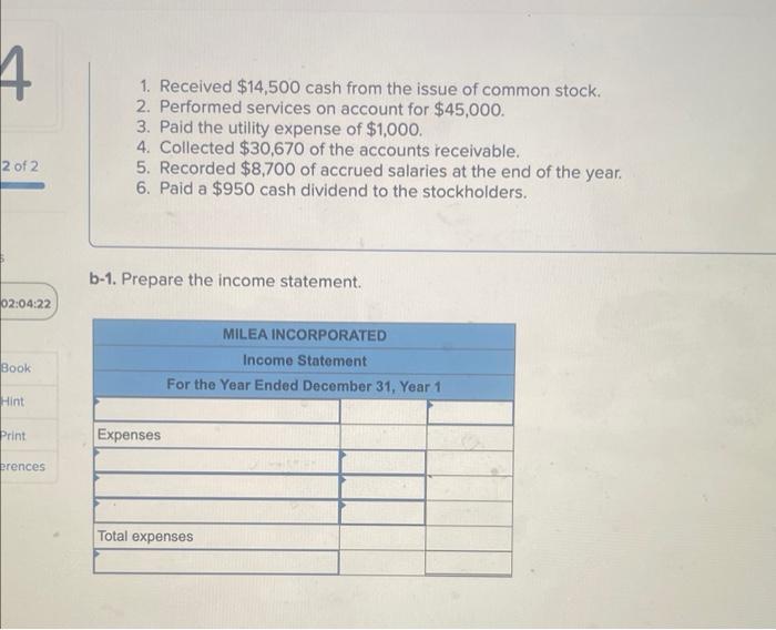 1. Received \( \$ 14,500 \) cash from the issue of common stock.
2. Performed services on account for \( \$ 45,000 \).
3. Pai