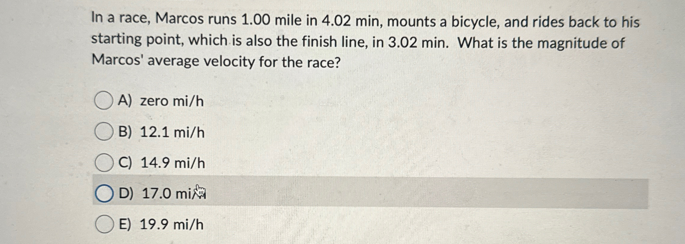 Solved In a race, Marcos runs 1.00 ﻿mile in 4.02 ﻿min, | Chegg.com