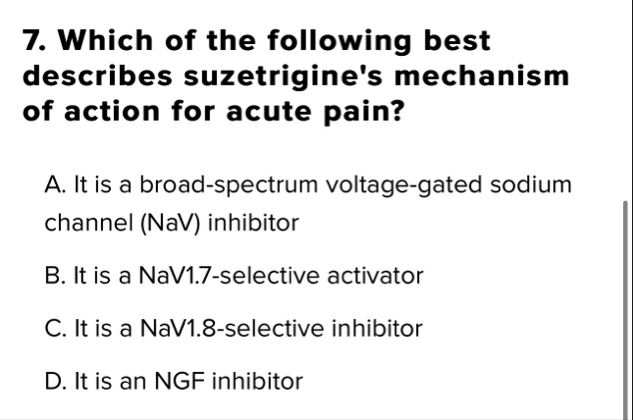 Solved Which of the following best describes suzetrigine's | Chegg.com