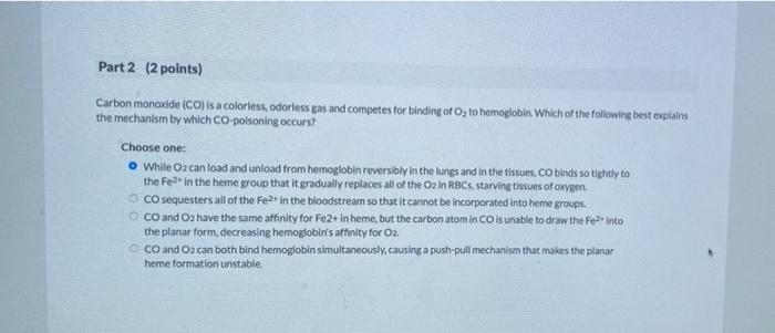 Solved Part 2 (2 Points) Carbon Monoxide (CO) Is A | Chegg.com