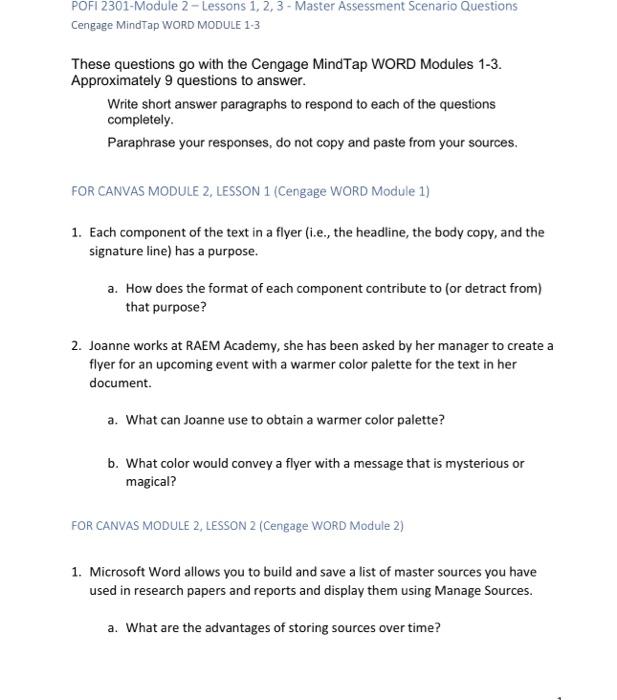 Cengage MindTap WORD MODULE 13 These questions go