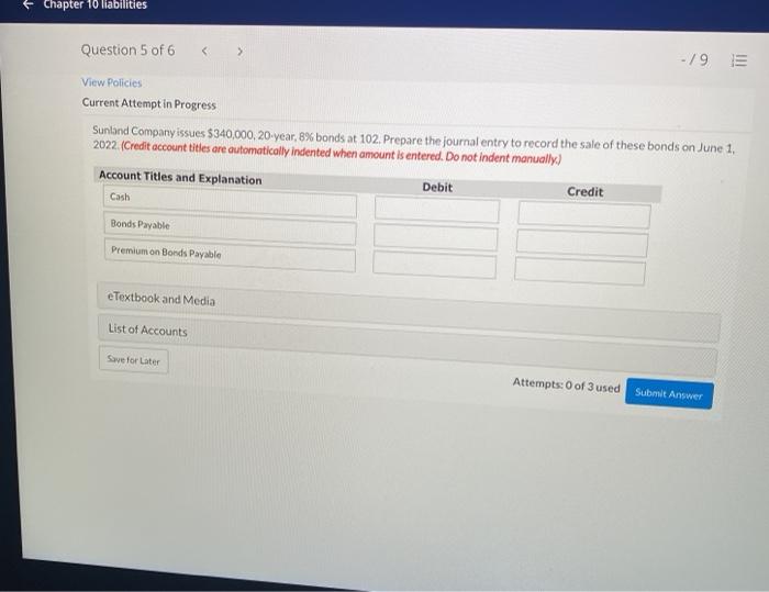 Solved Chapter 10 liabilities Question 5 of 6 -/9 View | Chegg.com