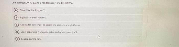 Solved Comparing ROW A,B, and C rail transport modes, ROW A: | Chegg.com