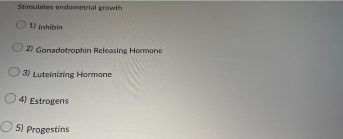 Stimulates endometrial growth
1) Inhibin
2) Gonadotrophin Releasing Hormone
3) Luteinizing Hormone
4) Estrogens
5) Progestins