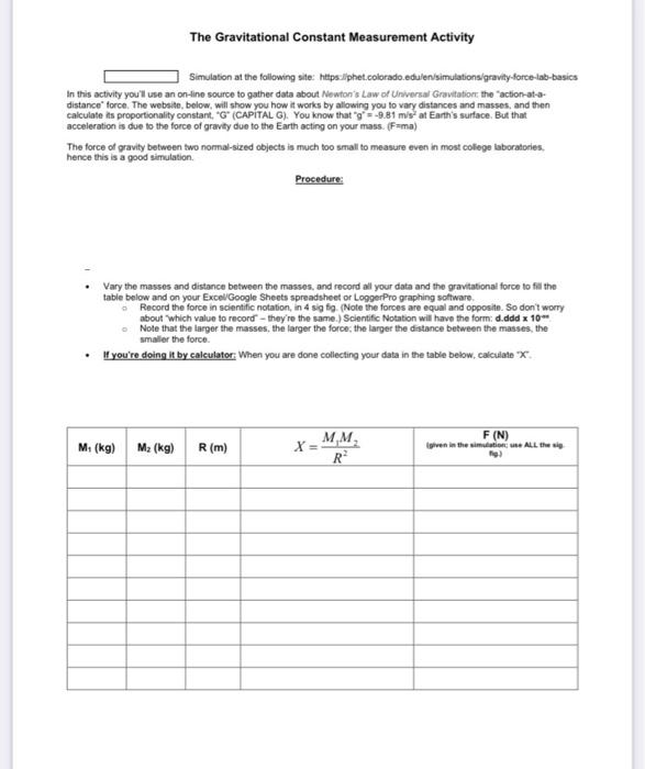 The Gravitational Constant Measurement Activity | Chegg.com