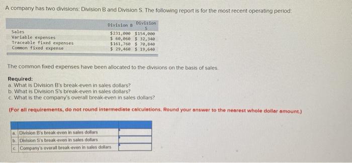 Solved A Company Has Two Divisions Division B And Division | Chegg.com