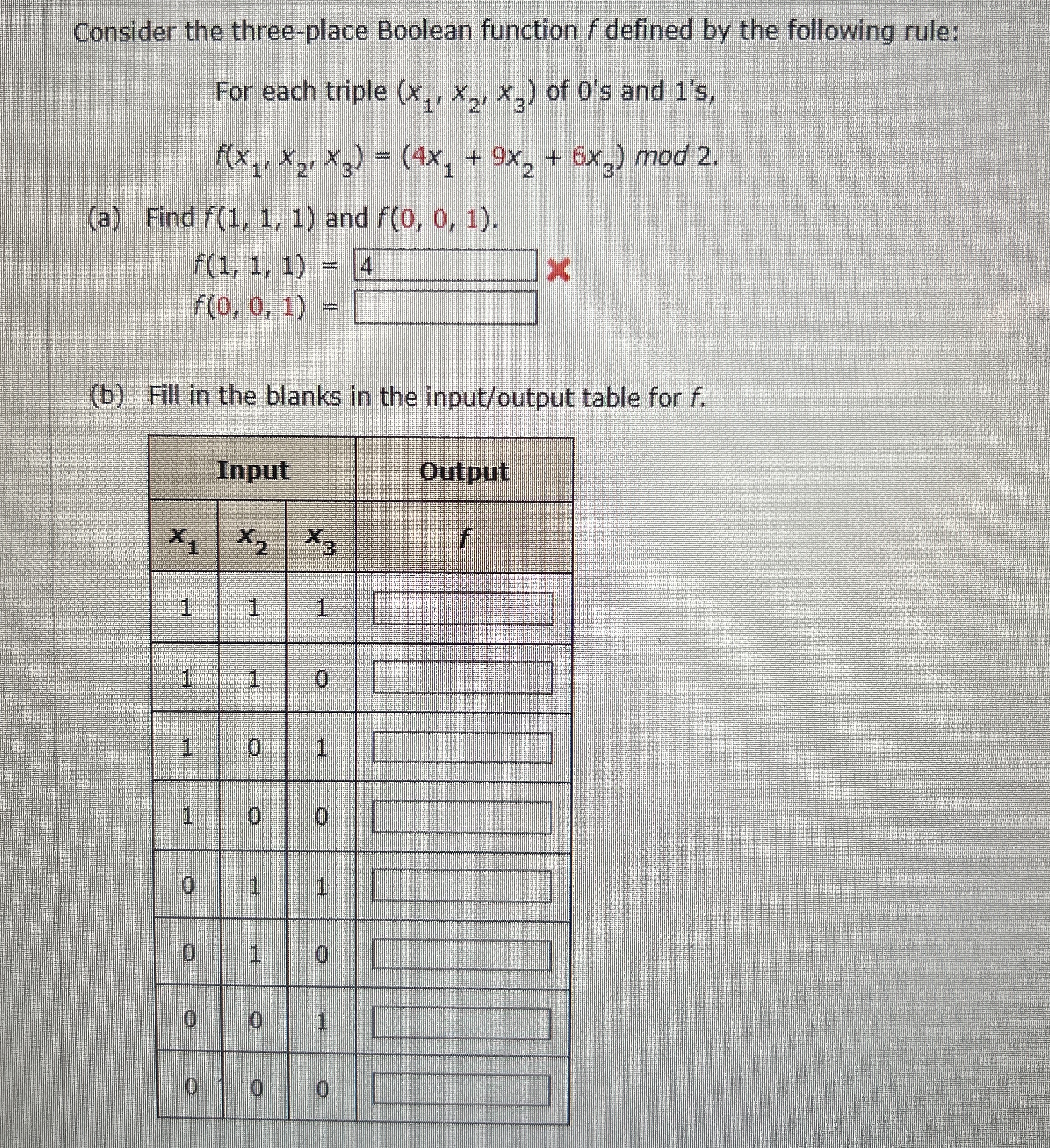 Solved Consider the three-place boolean function f defined | Chegg.com