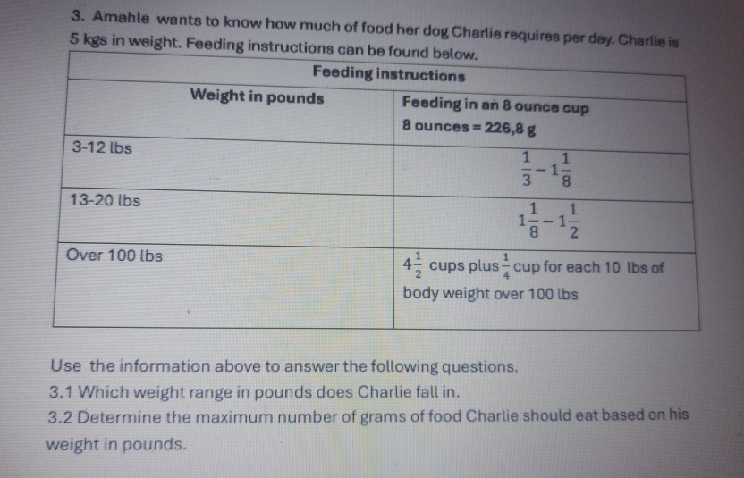 Amahle wants to know how much of food her dog Charlie