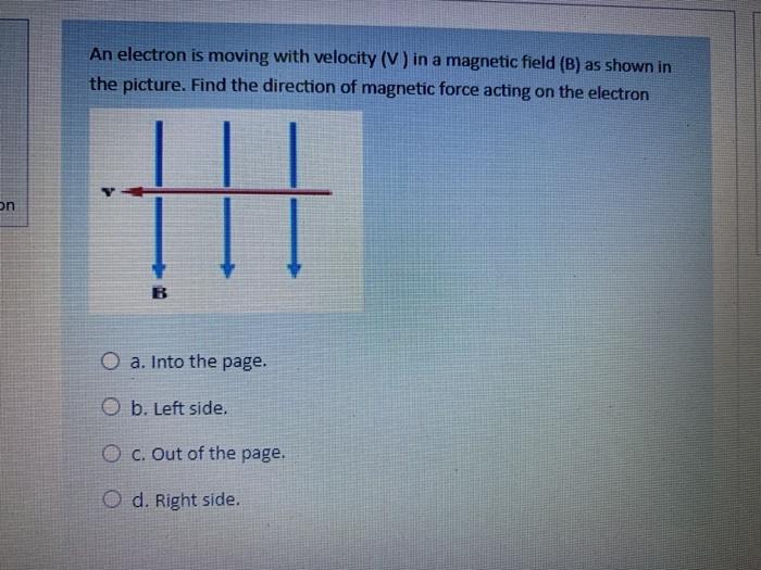 Solved An electron is moving with velocity (V) in a magnetic | Chegg.com
