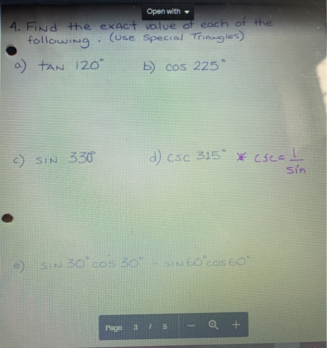 Solved Open with 4. Find the exact value of each of the | Chegg.com