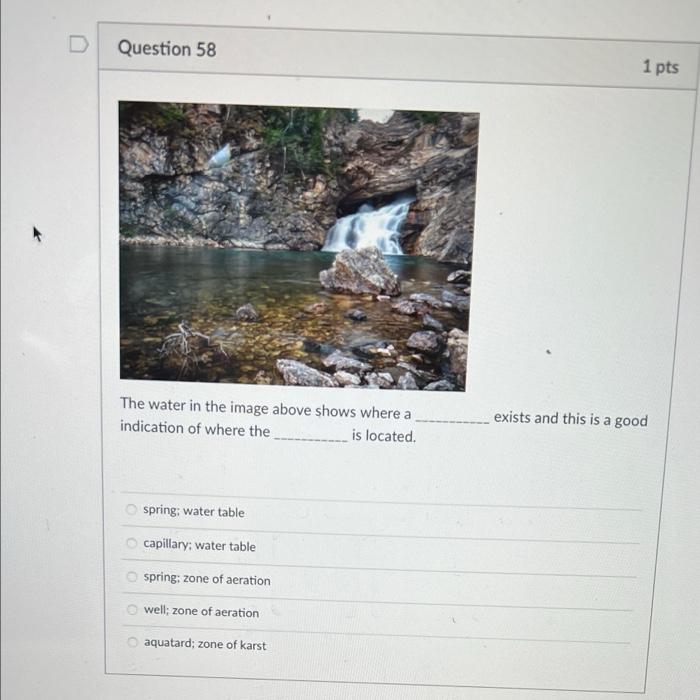 Solved D Question 58 1 pts The water in the image above | Chegg.com
