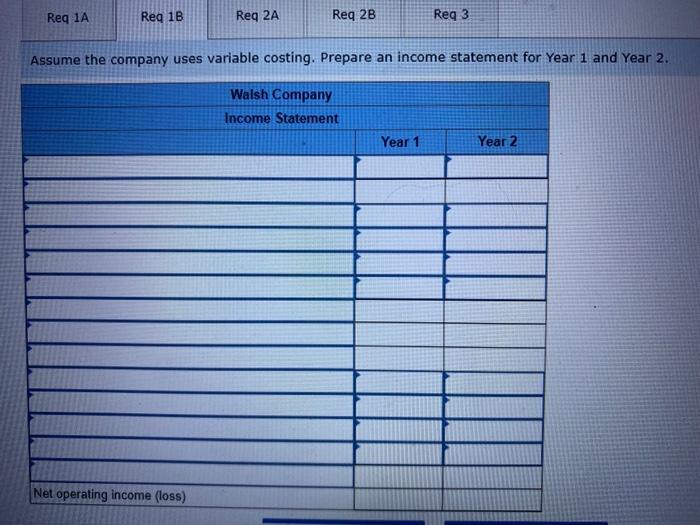 Assume the company uses variable costing. Prepare an income statement for Year 1 and Year 2 .