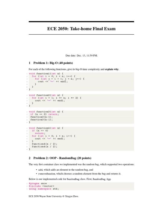 Solved 1 Problem 1 Big O 40 Points For Each Of The Chegg