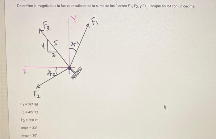 Determine la magnitud de la fuerza resultante de la suma de las fuerzas \( \mathrm{F}_{1} \), \( \mathrm{F}_{2} \), y \( \mat