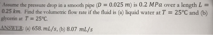Solved Assume the pressure drop in a smooth pipe (D = 0.025 | Chegg.com