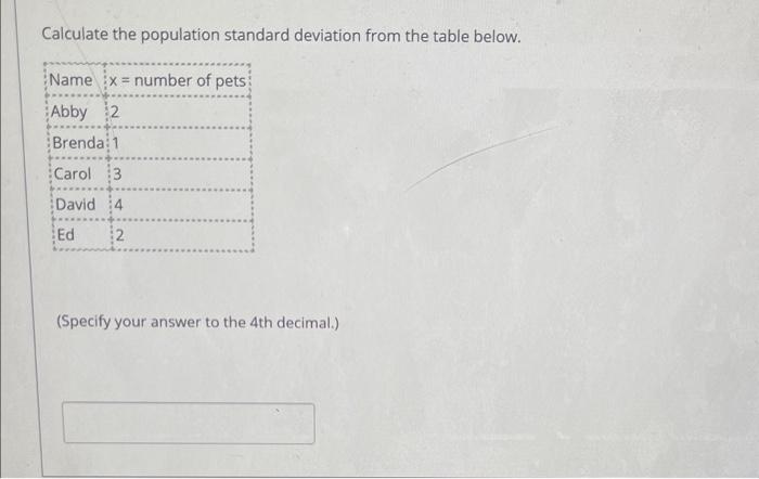 Calculate the population standard deviation from the table below.
(Specify your answer to the 4 th decimal.)