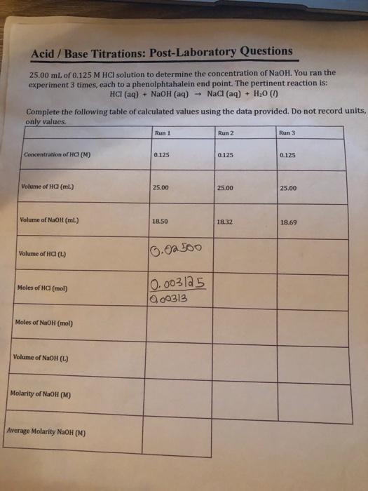Solved Acid / Base Titrations PostLaboratory Questions