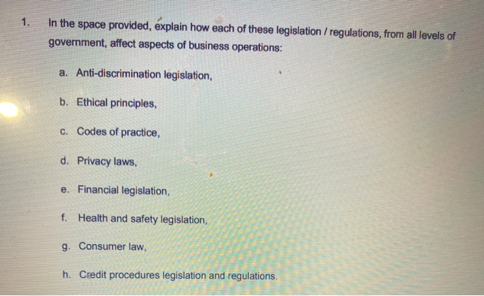 1. In the space provided, explain how each of these legislation / regulations, from all levels of government, affect aspects