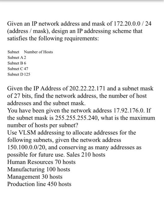 Solved Given an IP network address and mask of 172.20.0.0 / | Chegg.com