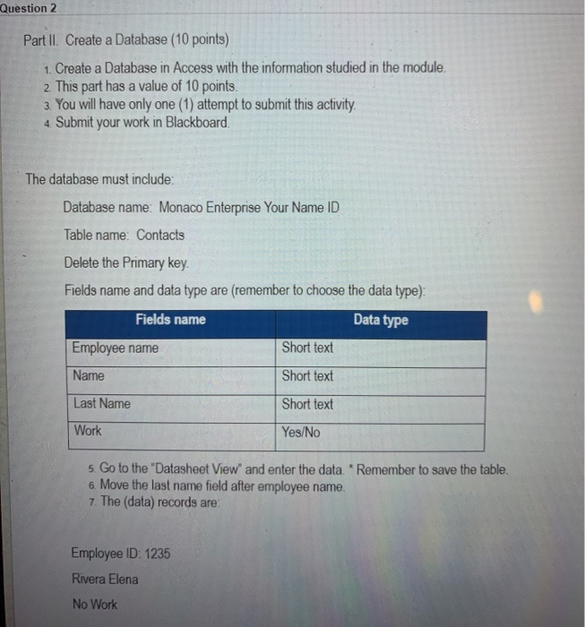 Question 2 Part II Create a Database (10 points) 1. | Chegg.com