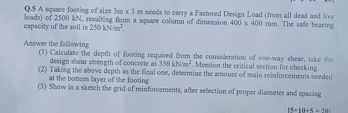 Solved Q.5 A Square Footing Of Size 3 M×3 M Needs To Carry A | Chegg.com