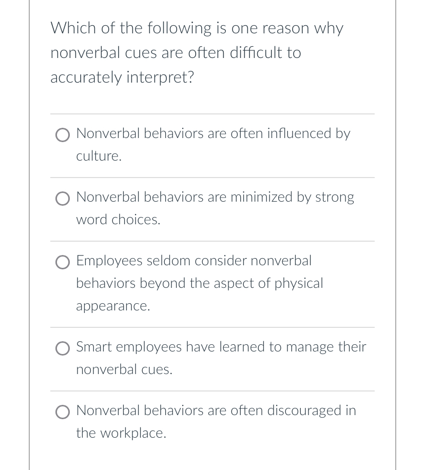 Solved Which of the following is one reason why nonverbal | Chegg.com