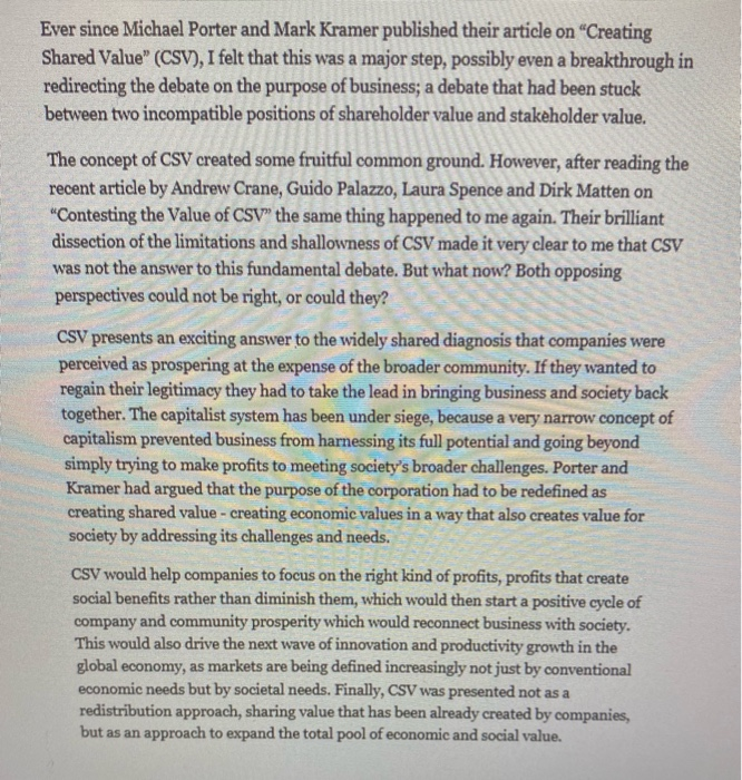 Solved Ever since Michael Porter and Mark Kramer published | Chegg.com