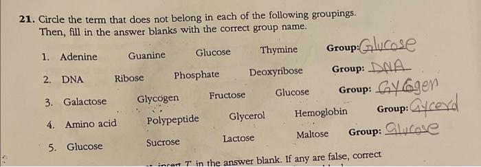 21. Circle the term that does not belong in each of the following groupings. Then, fill in the answer blanks with the correct